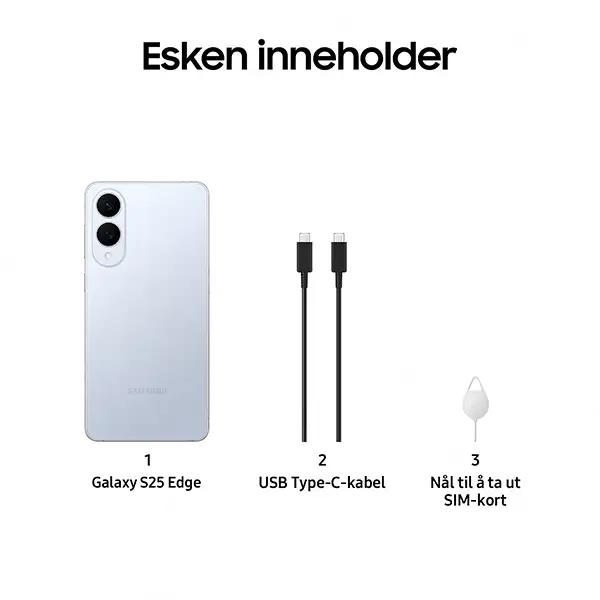 Esken inneholder: telefon, ladekabel av type USB-c og nål til å ta ut SIM-kort
