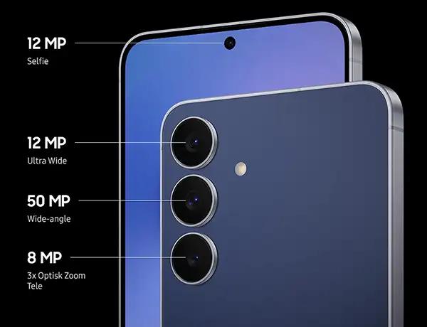 Telefon sett forfra og bakfra, med informasjon om at linsene har henholdsvis 12, 12, 50 og 8 megapixel