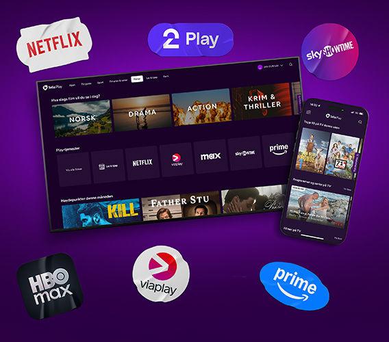 Telia Play med strømmetjenestene sine logoer rundt en TV-skjerm
