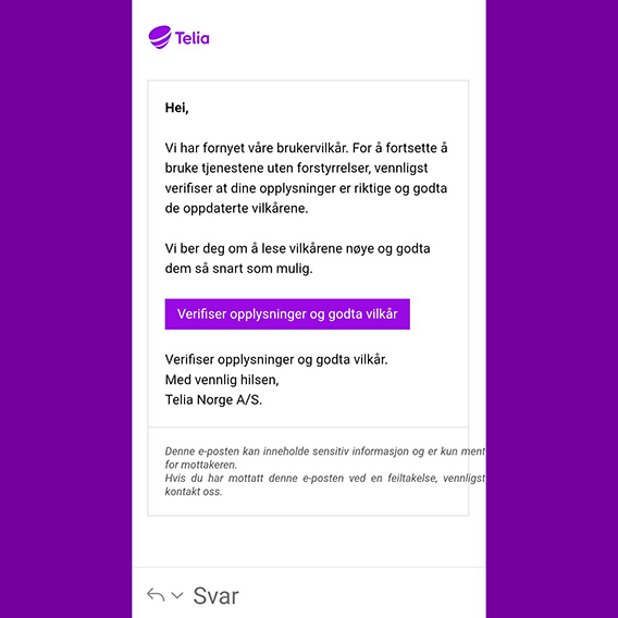 Screenshot of a phishing email impersonating Telia to steal information via fraudulent links.